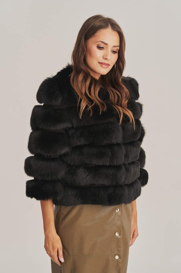 Luxusná dámska čierna kožušina - 3/4 rukávy a chanelový golier - 100% koža - Model: Miley